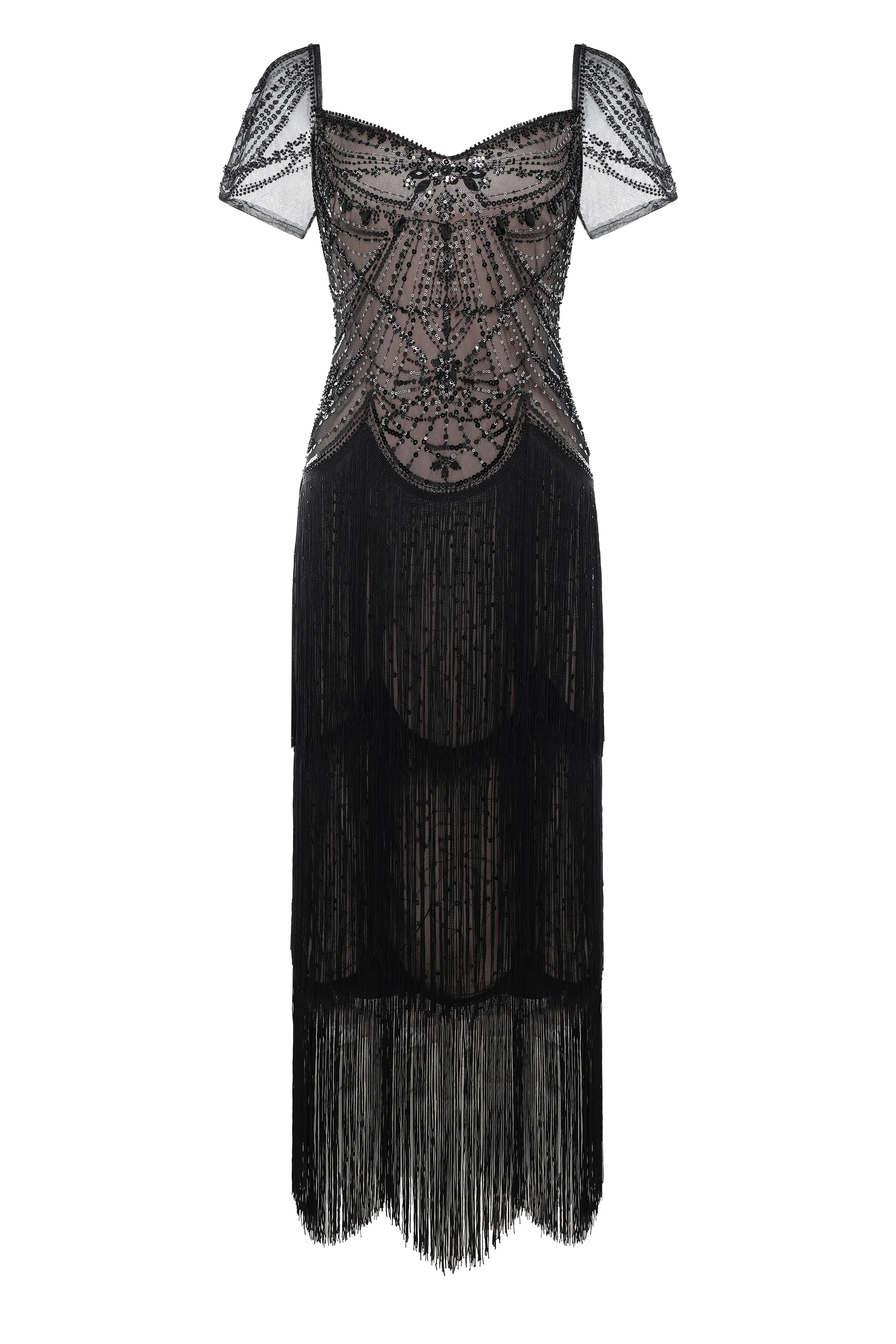 Black Beaded Fringe Gatsby Midi Dress – Vintage Cocktail Statement Look