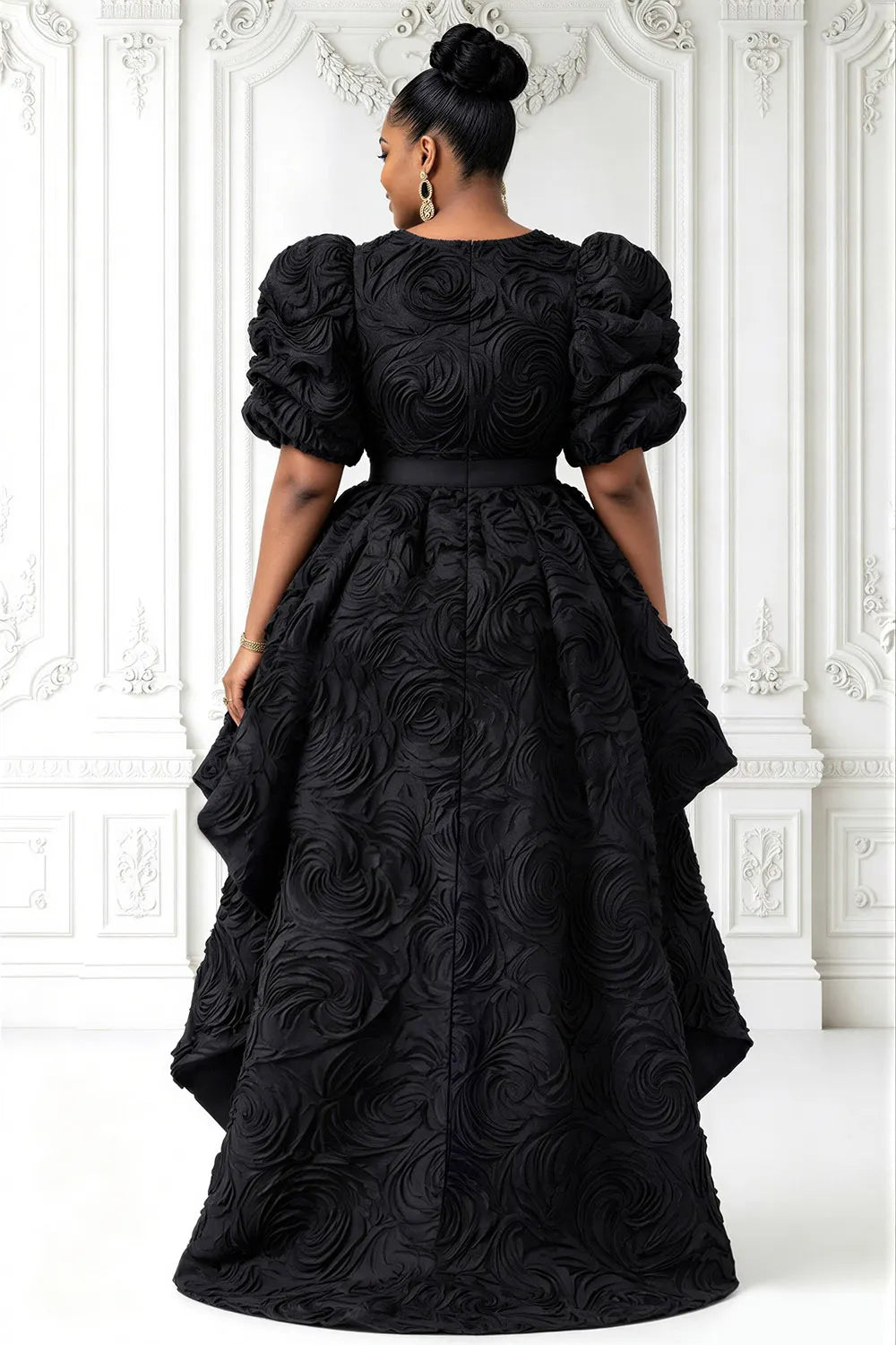 Jacquard  Black Round Neck Puff Sleeve Short Sleeve With Skirt Overlay Midi Dresses