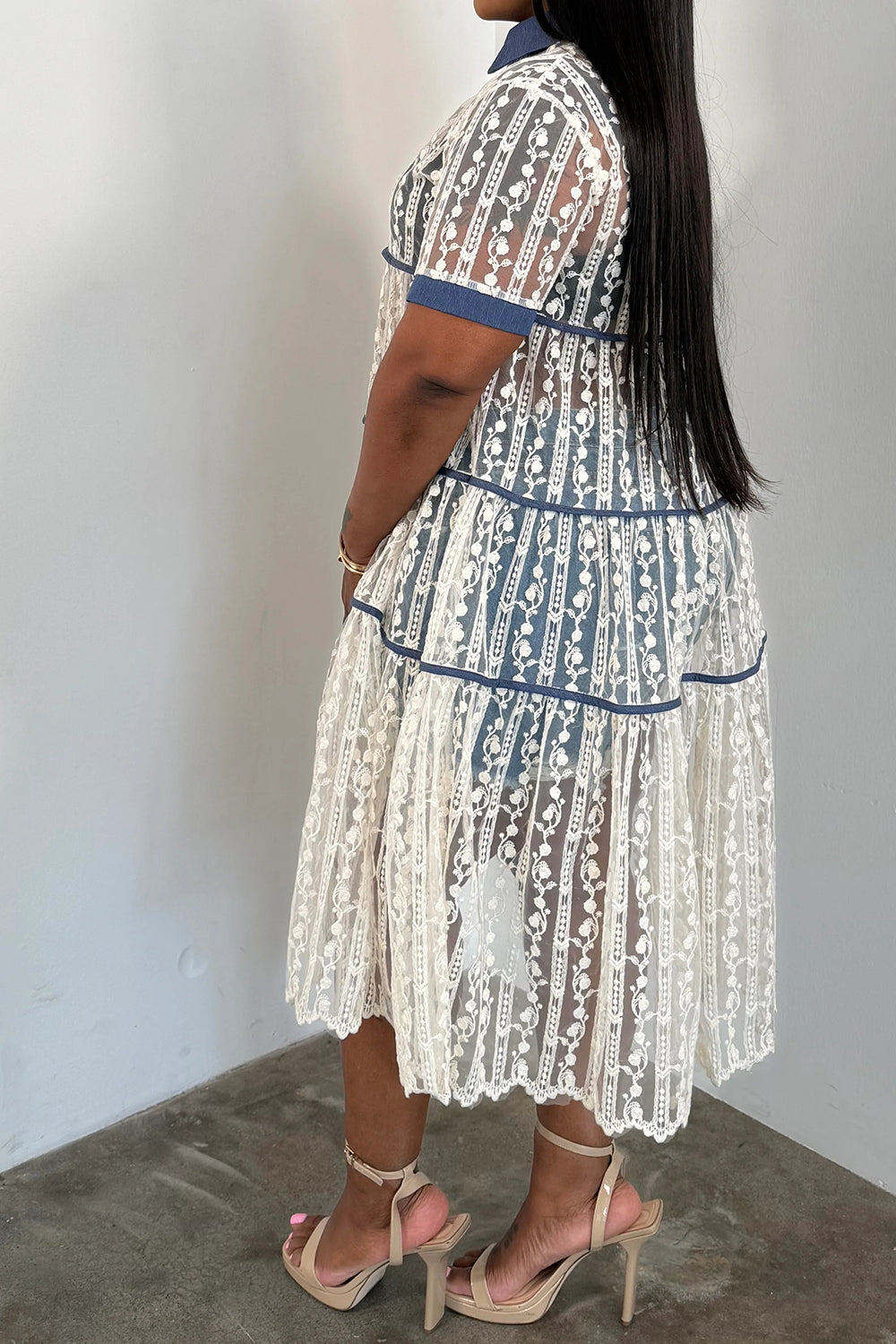 Plus Size Party Casual Lace White Shirt Collar Short Sleeve Contrast Button Tencel Denim Midi Dresses