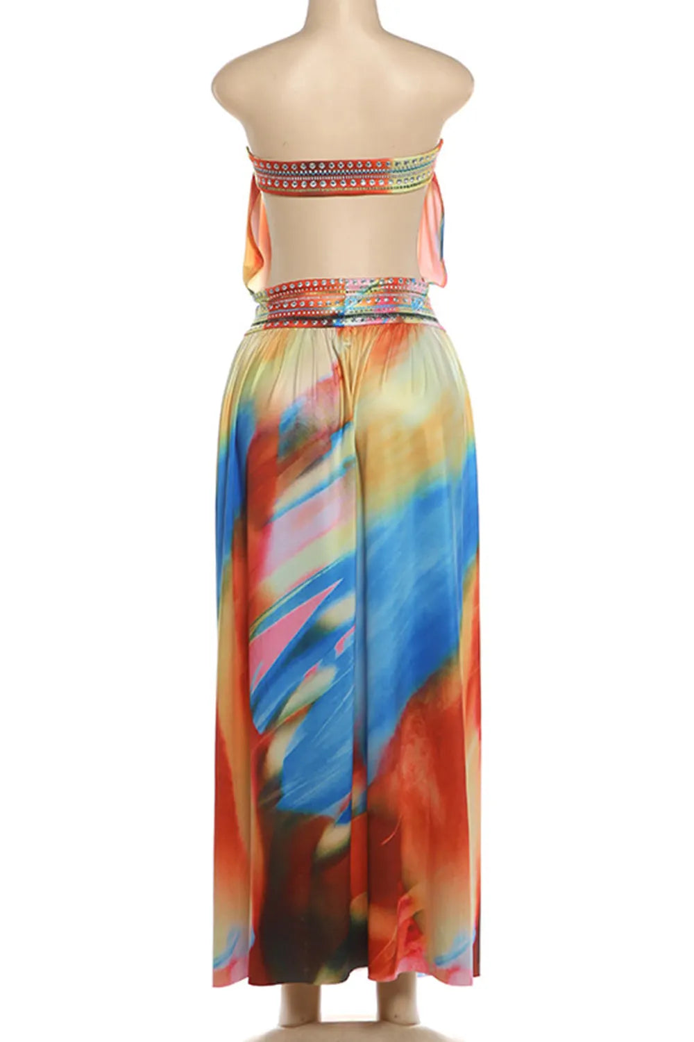 Tie Dye Print Strapless Cut Out High Slit Vacation Maxi Dresses-Multicolor