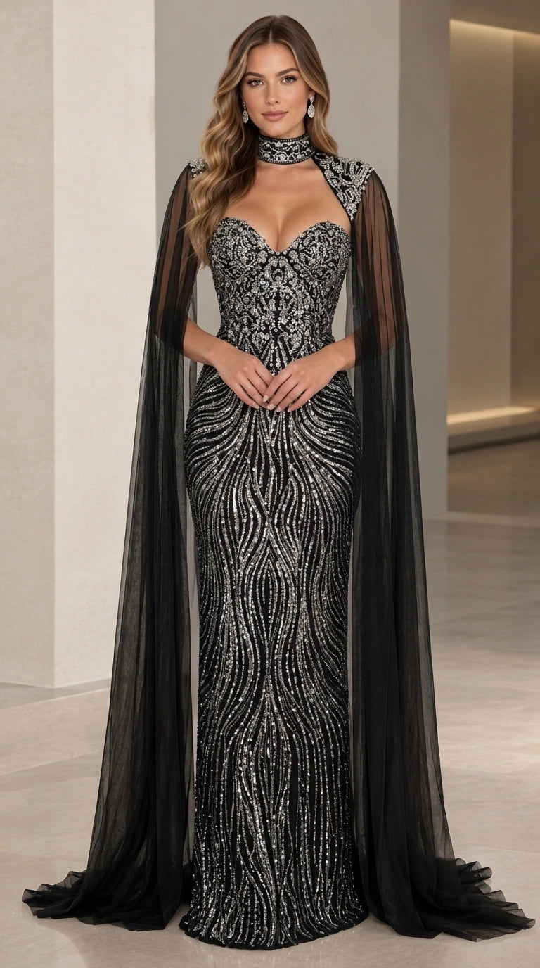Sequined Sweetheart Evening Gown with Sheer Floor-Length Cape