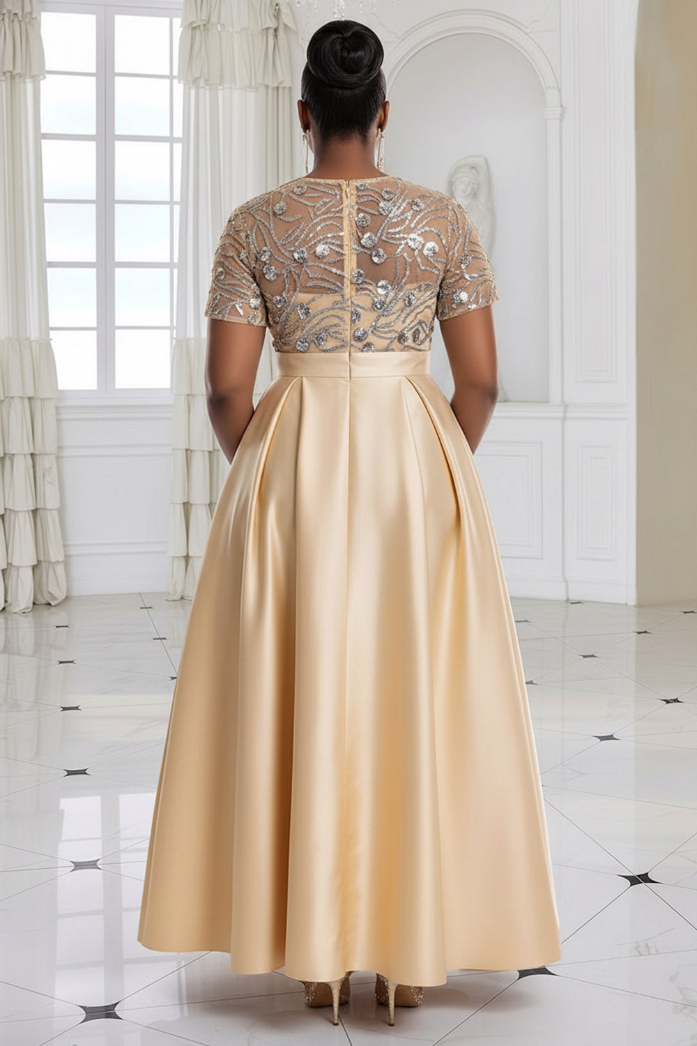 Elegant Sequin Champagne Round Neck Short Sleeve Pocket Sequin Satin Maxi Dresses