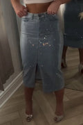 Women's slit-hem rhinestone embellished denim skirt