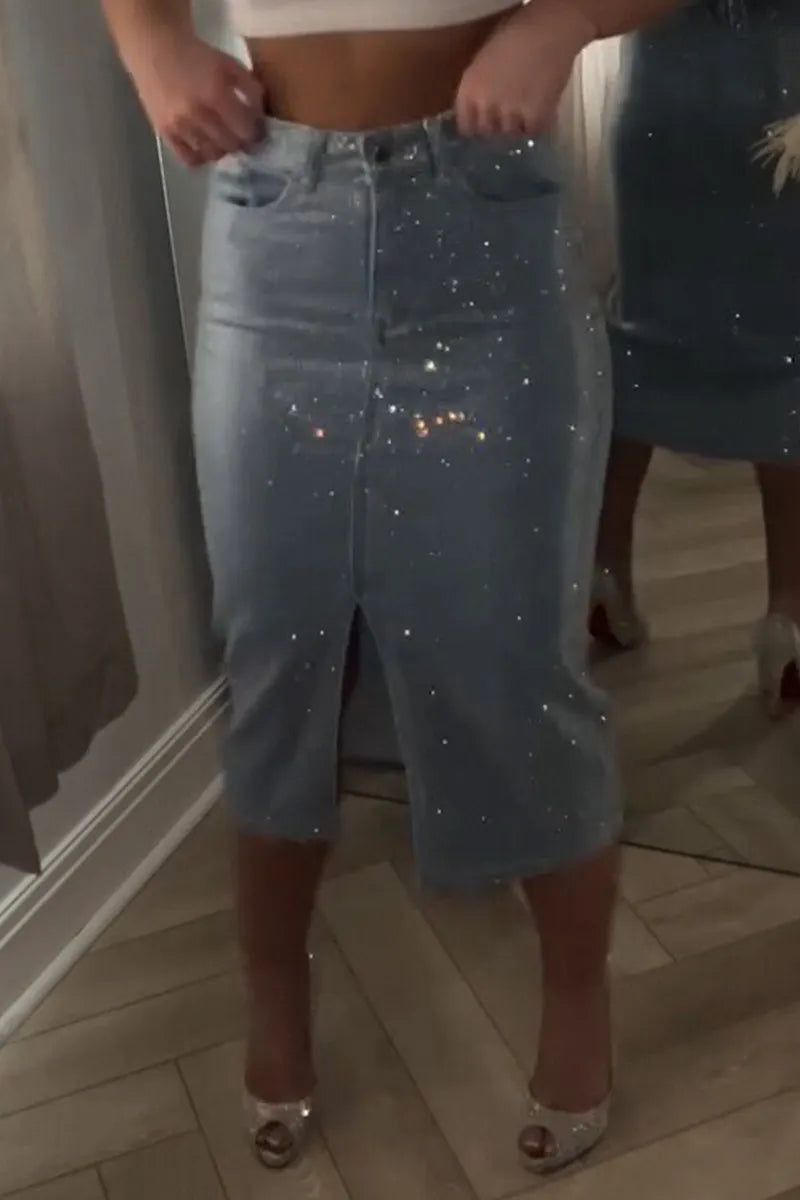 Women's slit-hem rhinestone embellished denim skirt