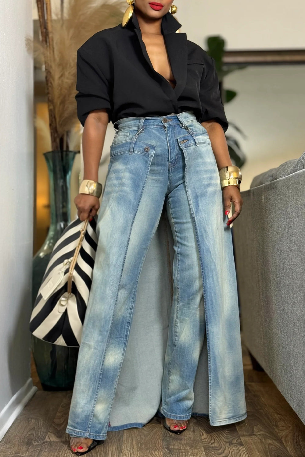 Plus Size Party Light Blue With Skirt Overlay Denim Jeans