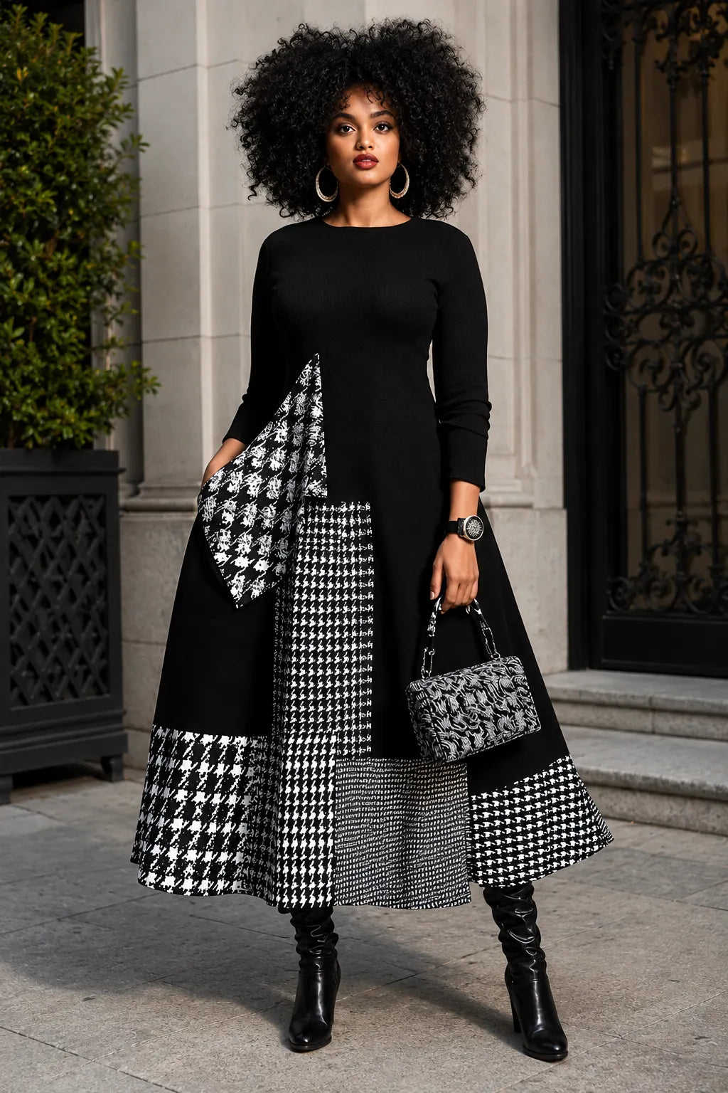 Daily Black Houndstooth Round Neck Long Sleeve Pocket Elegant Maxi Dresses
