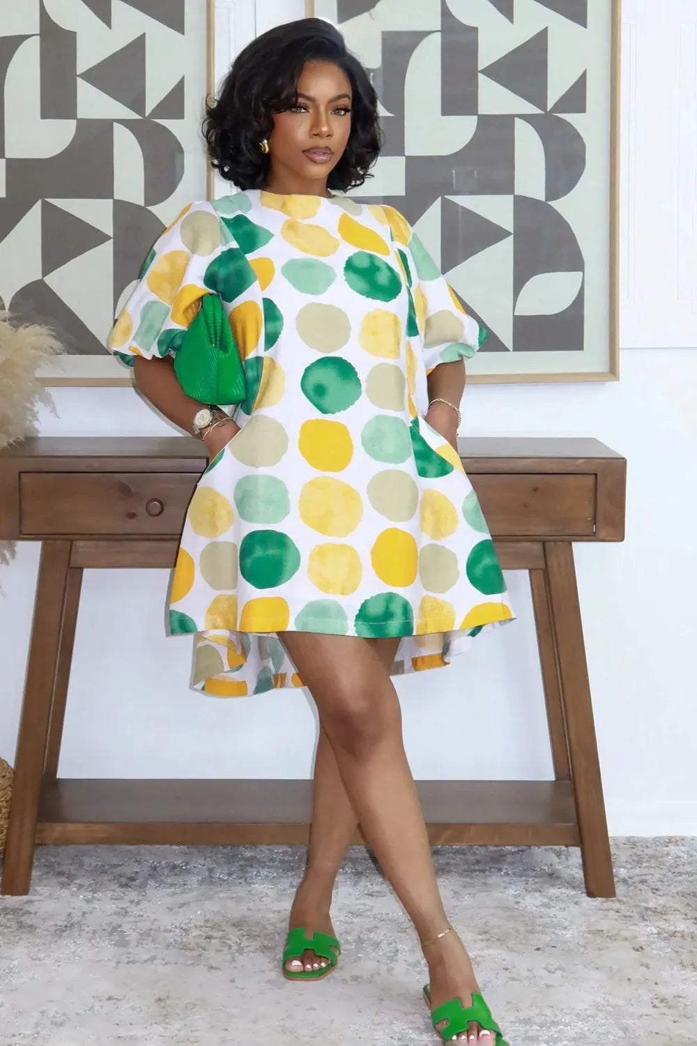 All Over Print Puff Sleeve Loose Fit Mini Dresses-Multicolor [Pre Order]