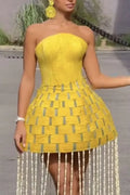 Women Strapless Corset Bodice Woven Basket Weave Skirt with Long Beaded Fringe Mini Dress