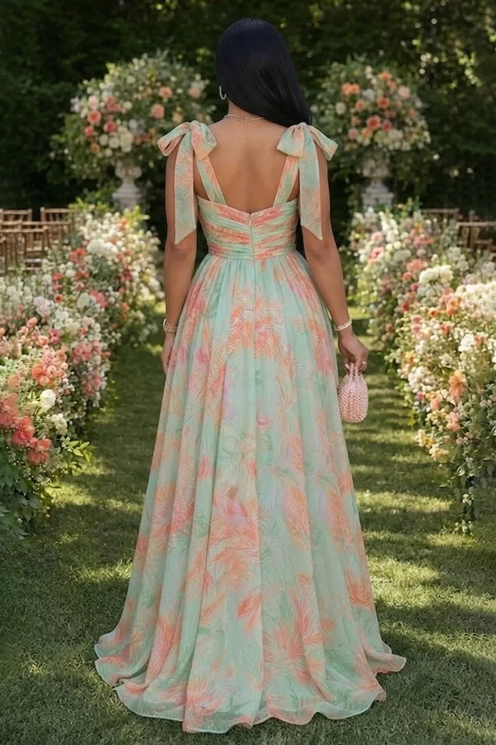 Bowknot Strap V Neck Floral Print Cinch Waist Maxi Dresses-Green [Pre Order]