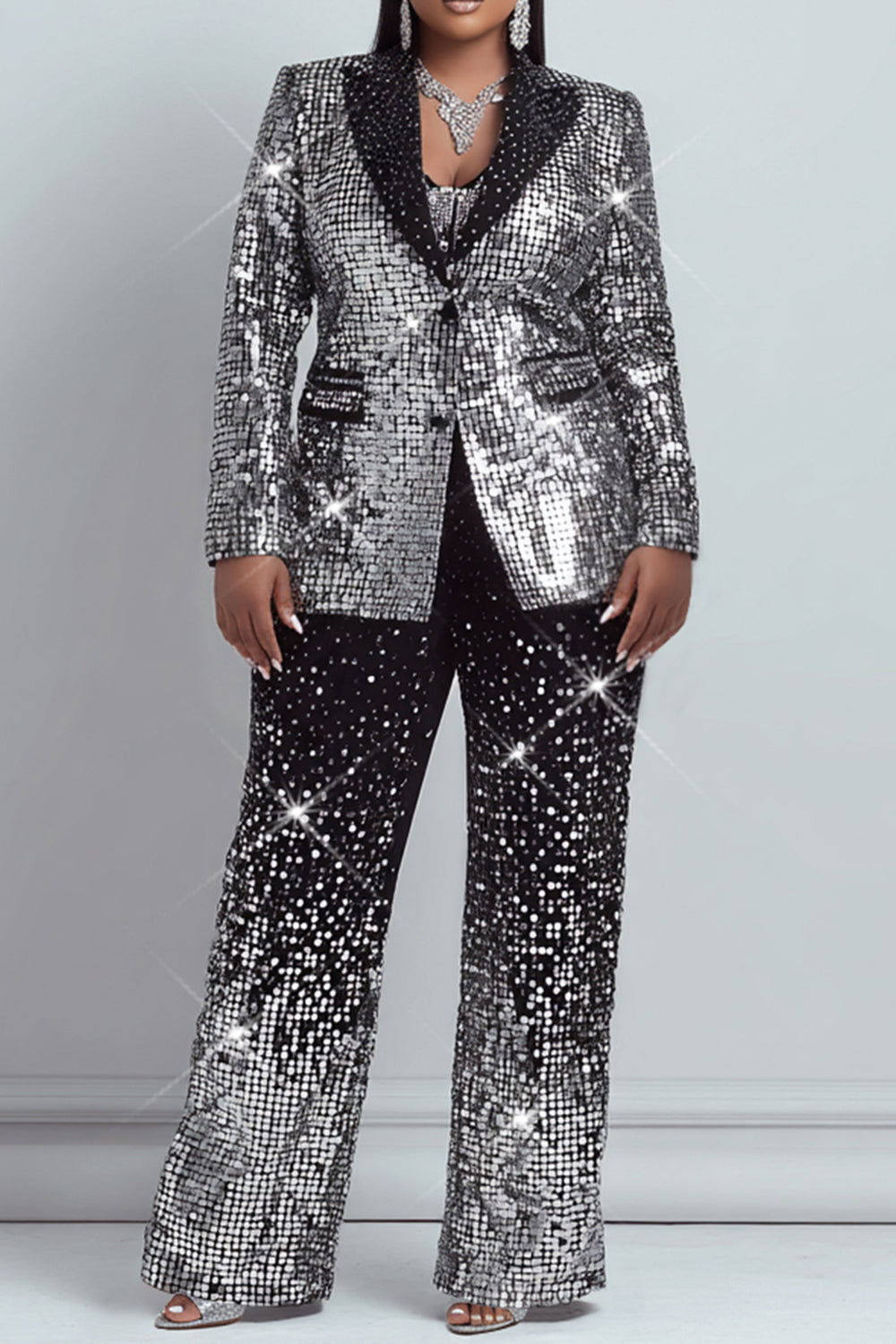 Silver Graphic Lapel Collar Long Sleeve Pocket Two Piece Pant Suits
