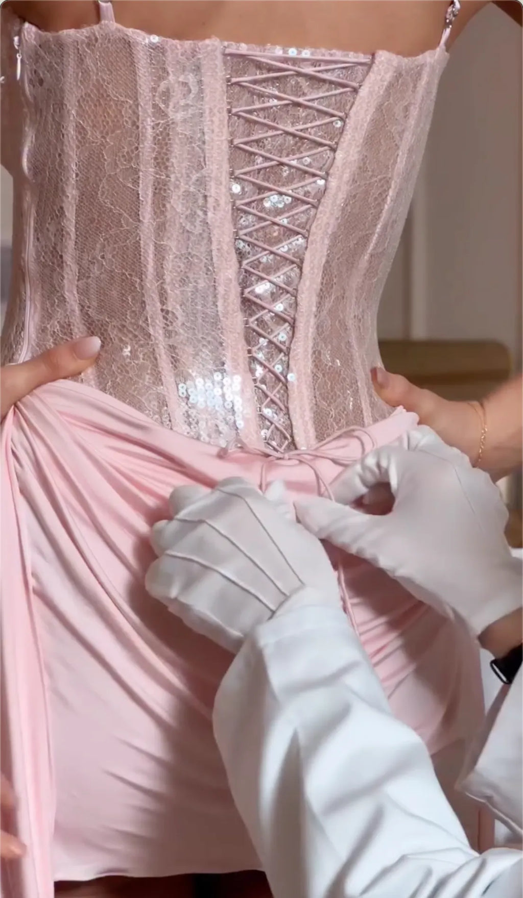 Pink Lace and Sequin Corset Mini Dress with Drape Detail - Formal Party Gown