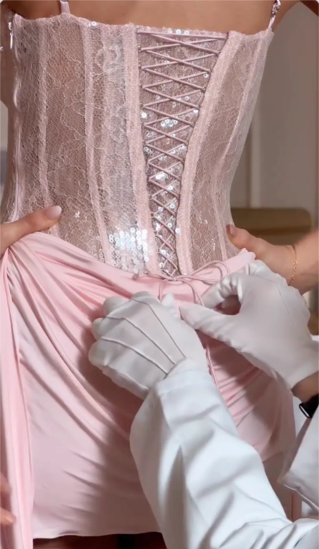 Pink Lace and Sequin Corset Mini Dress with Drape Detail - Formal Party Gown