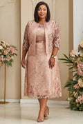 Pink Round Neck Half Sleeve See Through Lace Two Piece Dress Set