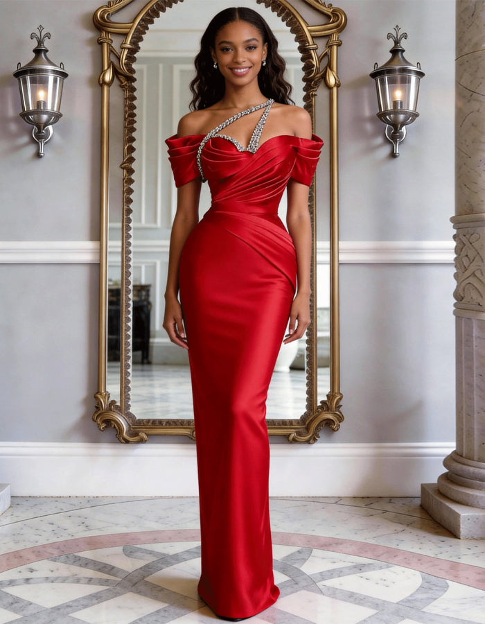Solid Color Satin Off Shoulder Rhinestone Fishtail Maxi Dress