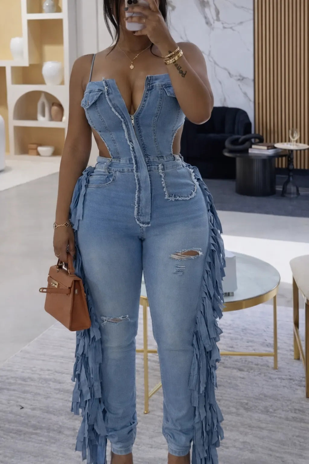 Womens Strappy Patchwork Sexy Casual Denim Jumpsuit