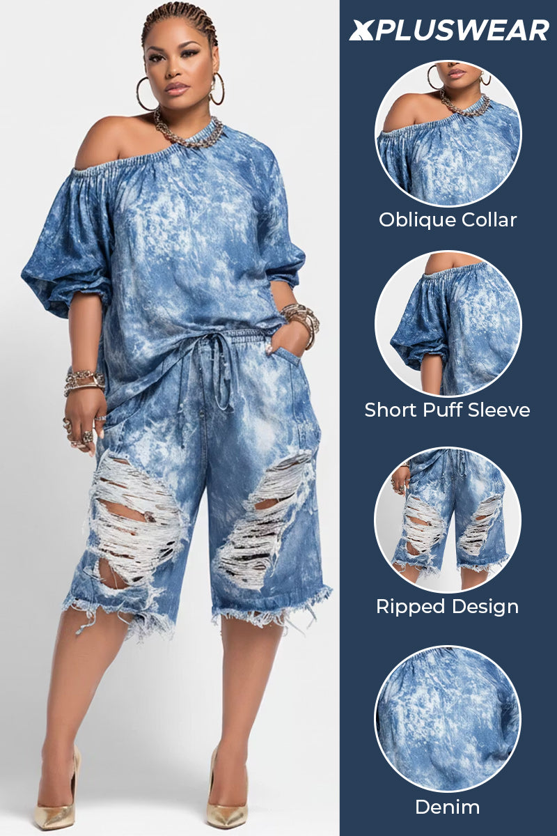 Xpluswear Design Plus Size Party Light Blue Oblique Collar Puff Sleeve Short Sleeve Distressed Pocket Denim Two Piece Short Sets