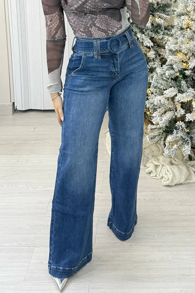 Women's Retro Style Wide Leg Belted Jeans