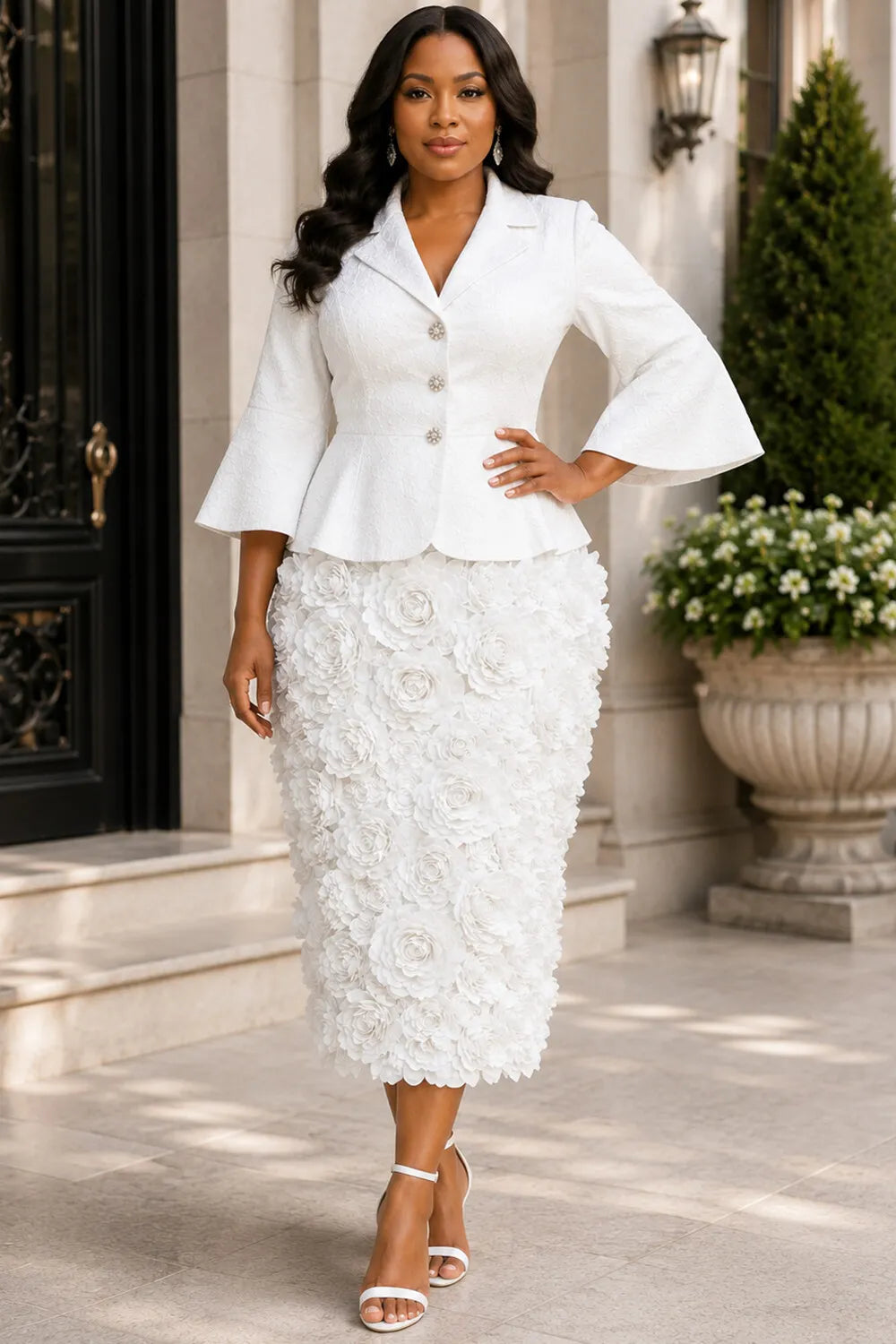 Business Casual White Turndown Collar Flare 3/4 Sleeve 3D Split Two Piece Skirt Sets [Pre-Order]