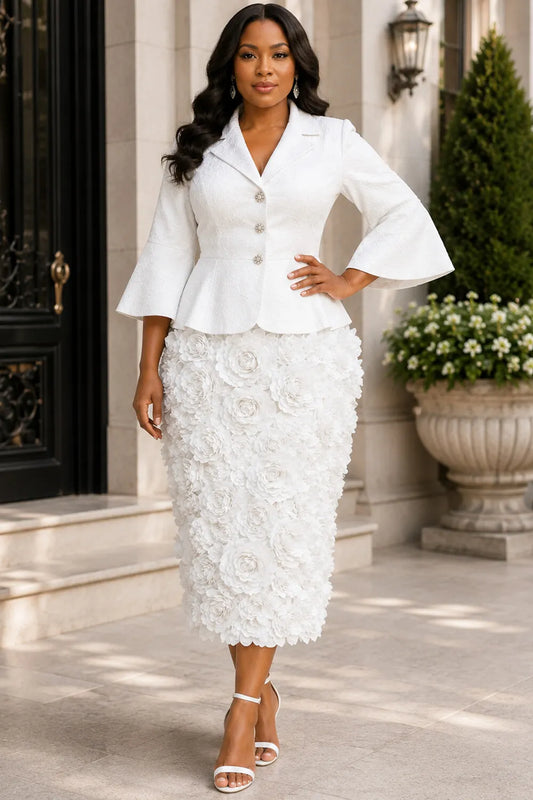 Business Casual White Turndown Collar Flare 3/4 Sleeve 3D Split Two Piece Skirt Sets [Pre-Order]