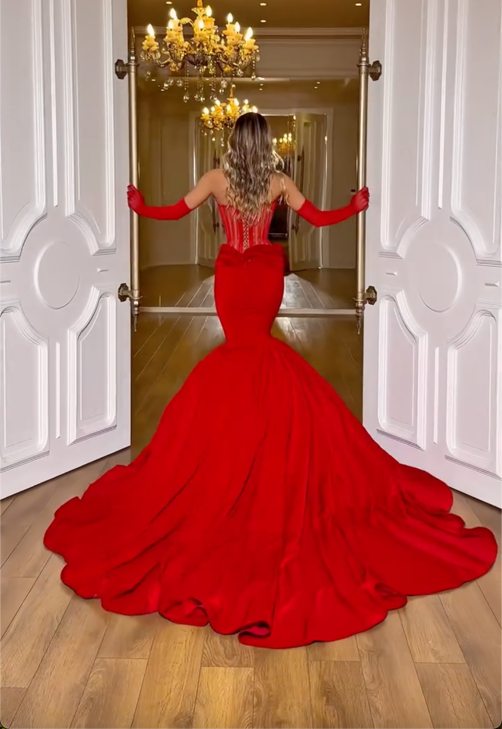 Red Strapless Crystal Beaded Sheer Corset Mermaid Maxi Dress with Oversized Train