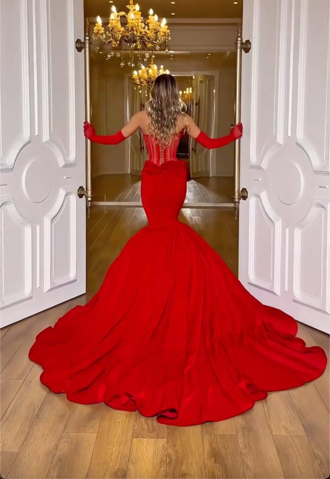 Red Strapless Crystal Beaded Sheer Corset Mermaid Maxi Dress with Oversized Train