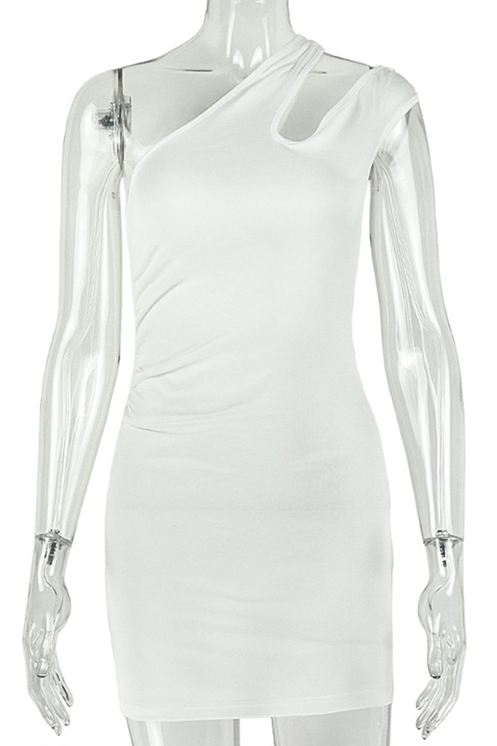 Cut Out One Shoulder Solid Color Ruched Bodycon Casual Mini Dresses-White