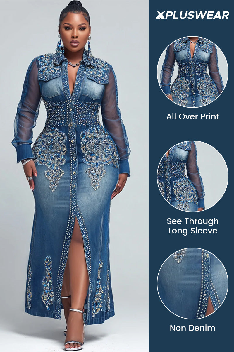 Party Blue All Over Print Shirt Collar Long Sleeve Button Casual See Through Maxi Dresses
