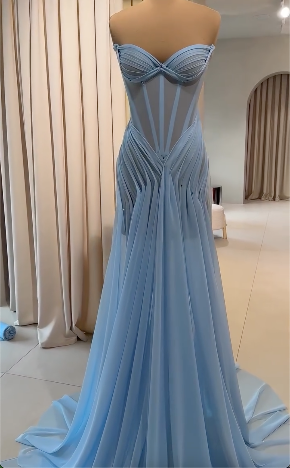Light Blue Strapless Sheer Corset Mermaid Evening Gown