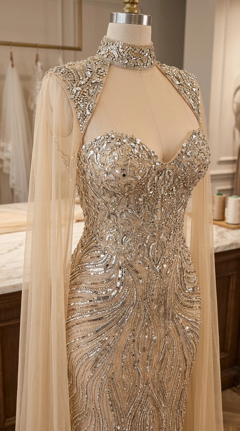 Sequined Sweetheart Evening Gown with Sheer Floor-Length Cape