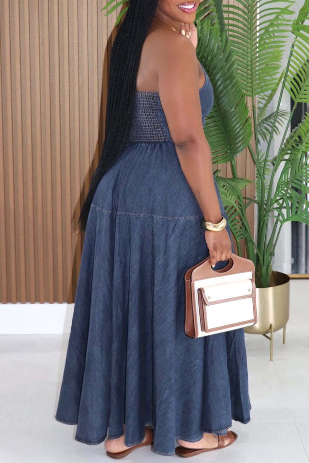 Plus Size Vacation Blue Halter Collar Pocket Denim Maxi Dresses