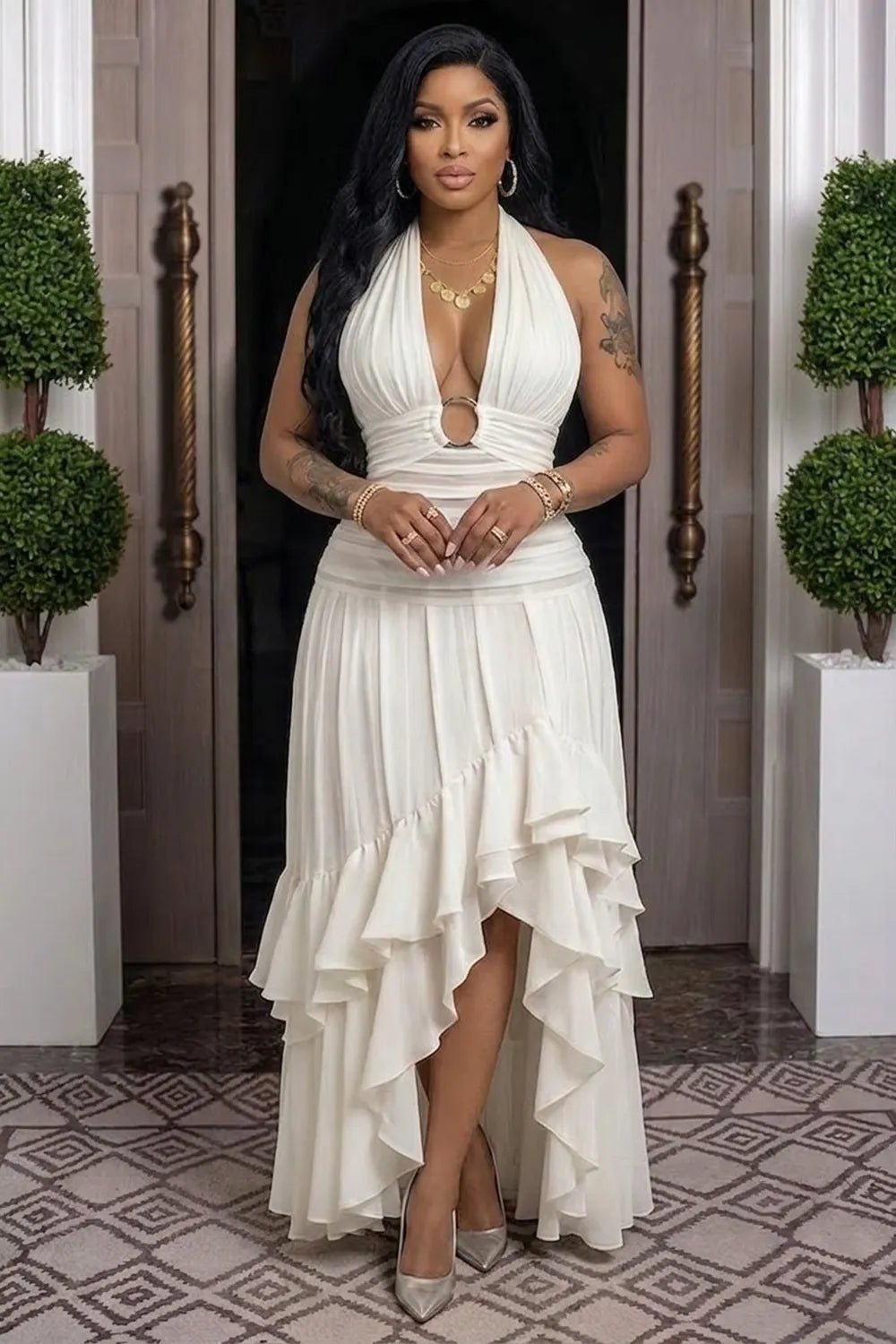 Plunge Neck Metal O-Ring Ruched Irregular Hem Maxi Dresses-White [Pre Order]