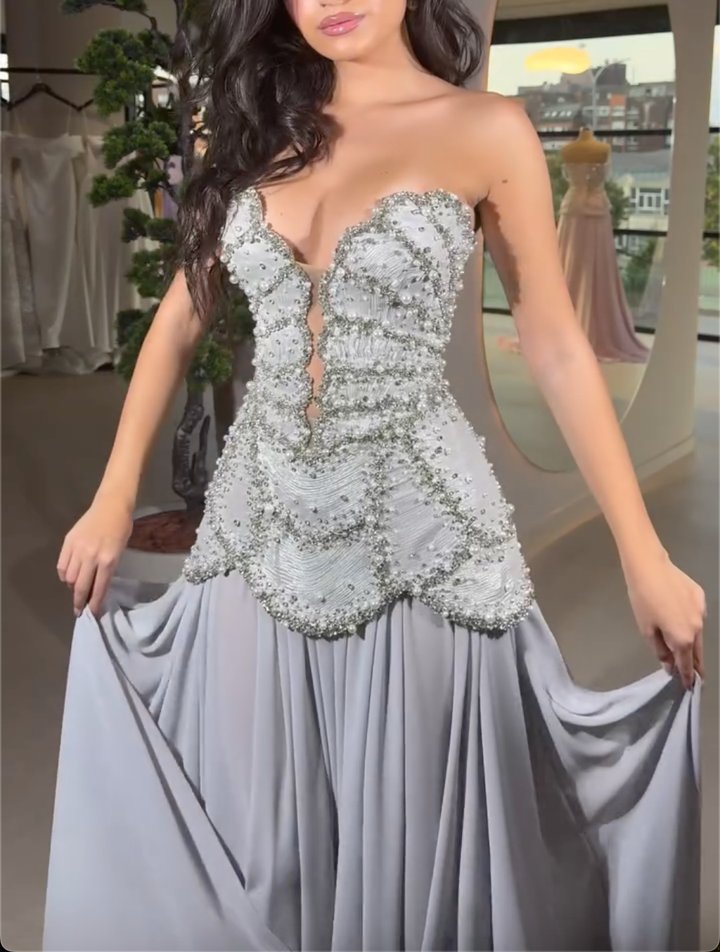 Silver Gray Strapless Maxi Dress with Pearl & Crystal Beading