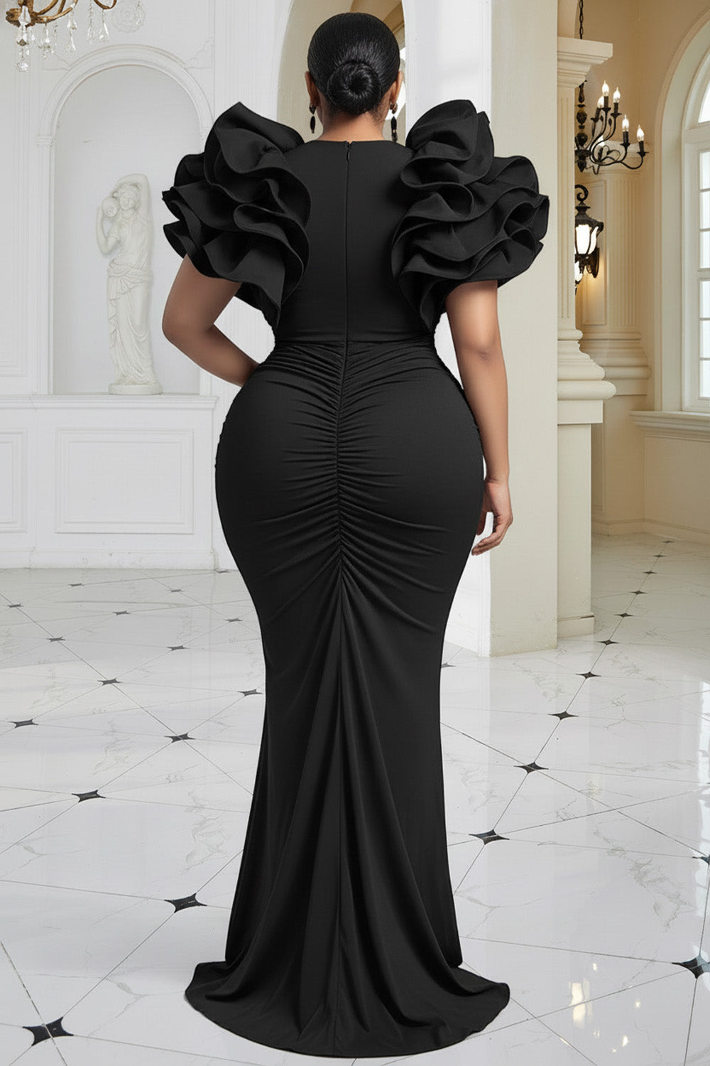 Black V Neck 3D Elegant Bodycon Maxi Dresses