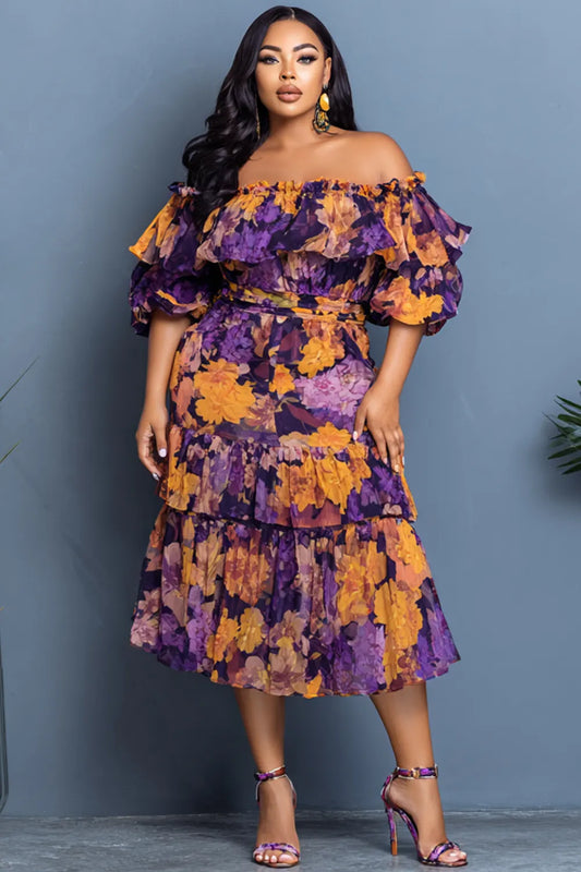Wedding Guest Multicolor Floral Off The Shoulder Short Sleeve Ruffle Chiffon Midi Dresses