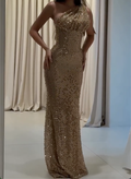 Champagne One-Shoulder Crystal Beaded Mesh Mermaid Evening Gown