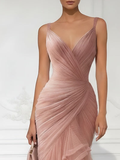 Dusty Pink Tulle Ruffle Mermaid Spaghetti Straps Maxi Dress