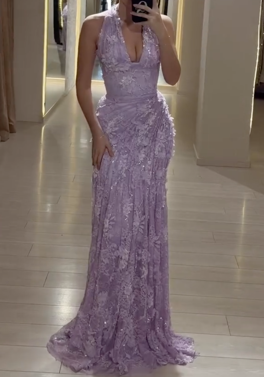 Lilac Halter Neck 3D Floral Maxi Dress with High Slit