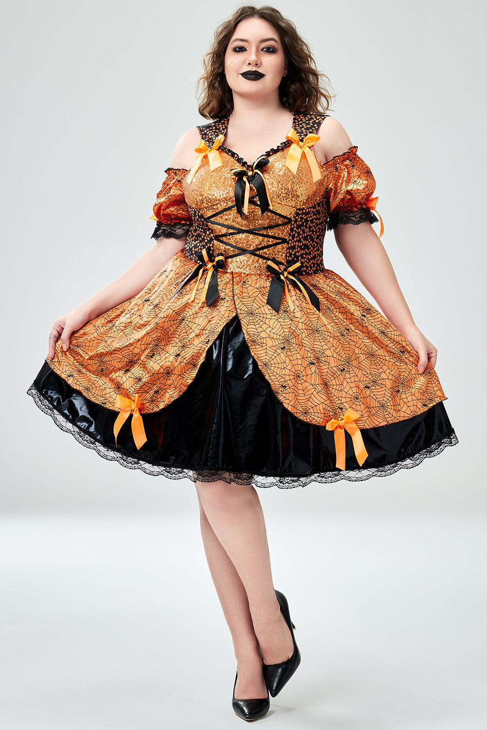 Halloween Costume Orange Witch Cold Shoulder Mini Dress (With Hat)(Ships 24h)