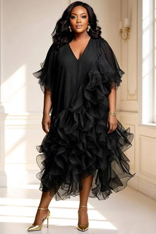 Cocktail Party Black V Neck Short Sleeve Ruffle Tiered Chiffon Midi Dresses