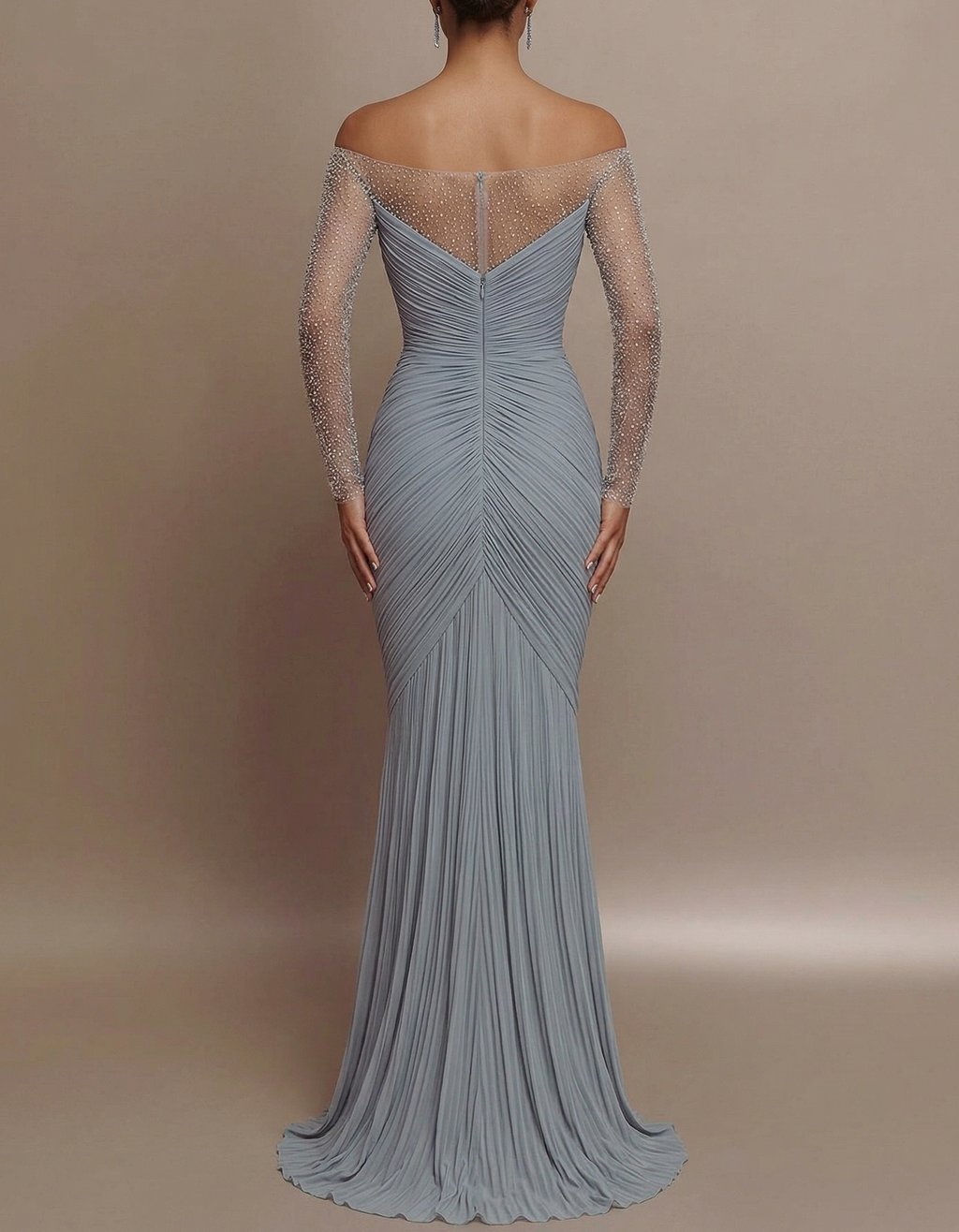 Chiffon Fitted Waist Diamond Mesh Fishtail Maxi Dress