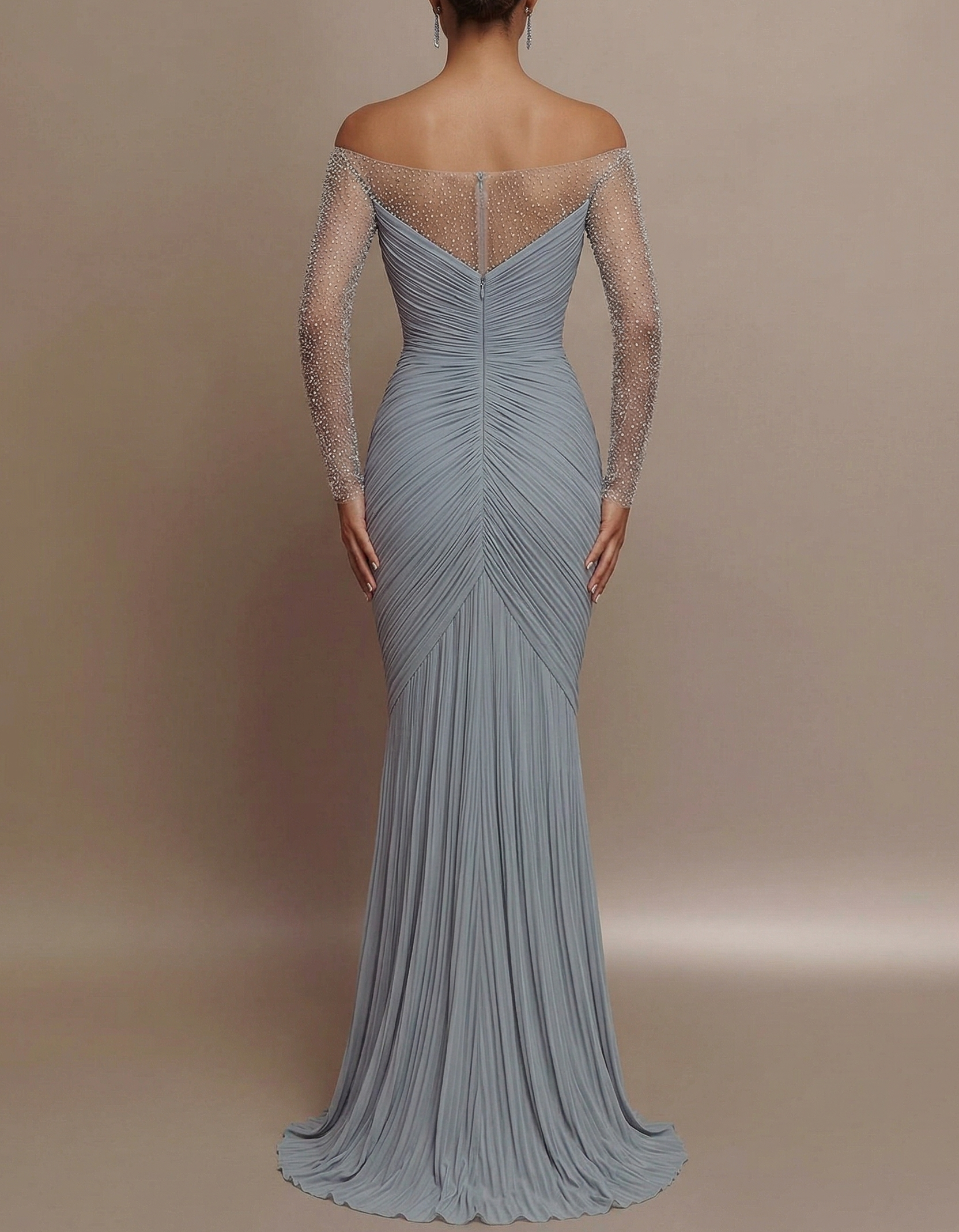 Chiffon Fitted Waist Diamond Mesh Fishtail Maxi Dress