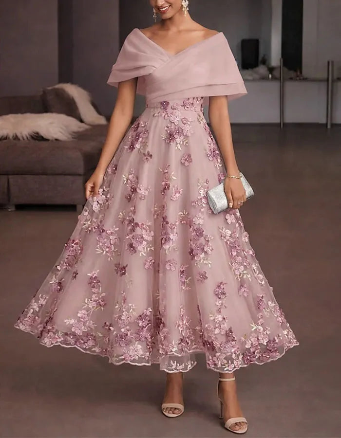 Solid Color Off Shoulder 3D Floral Embroidery Maxi Dress