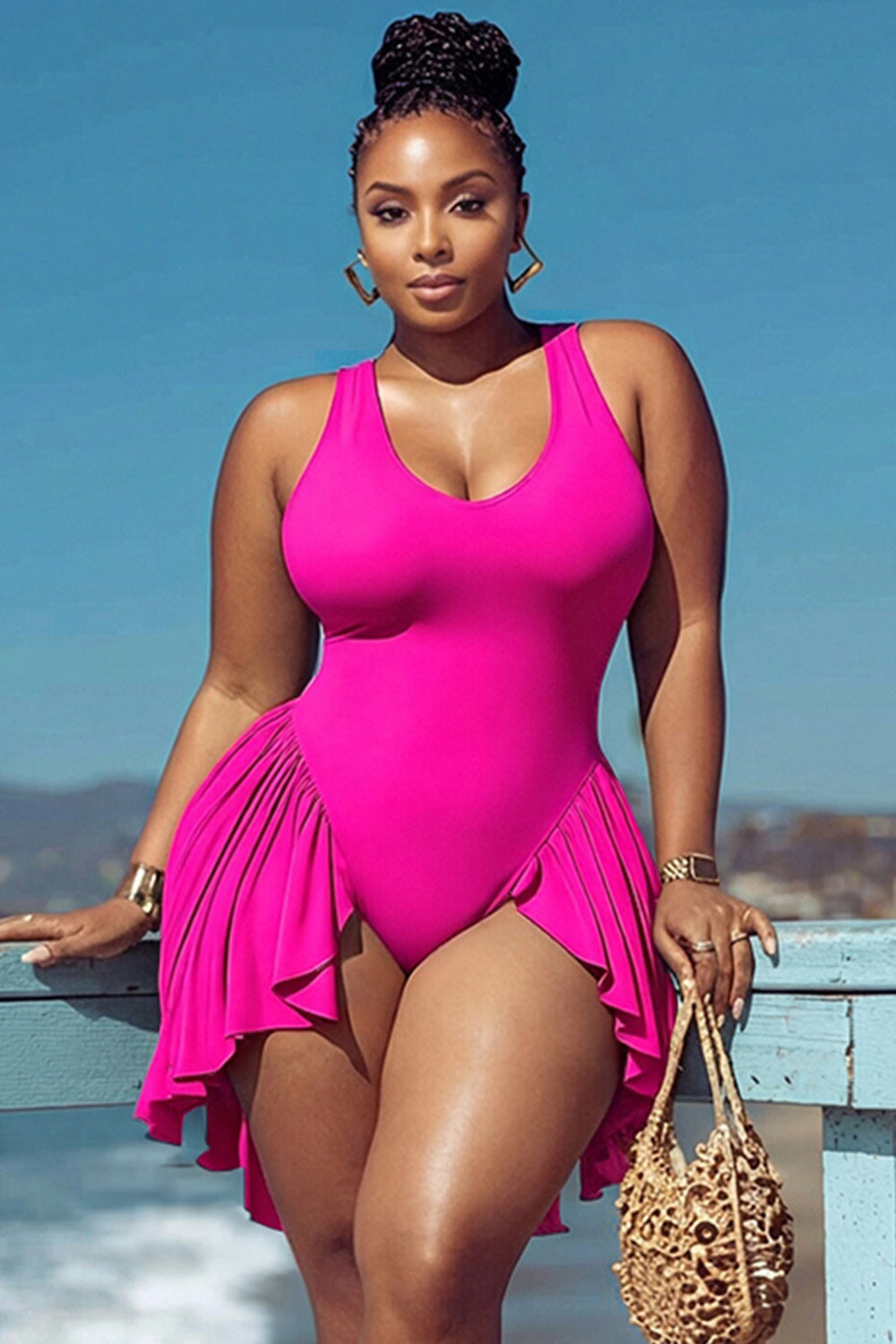 Beach Orange Round Neck Ruffle Swimsuit Fabric Swimwear Dress