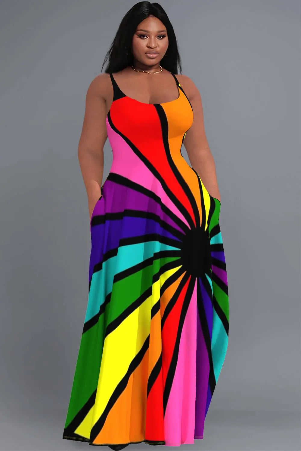 Daily Rainbow Sundress Graphic Round Neck Pocket Maxi Dresses