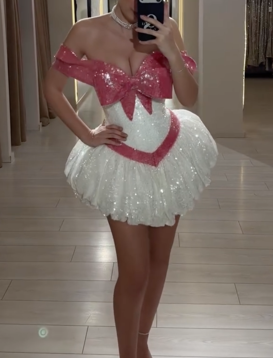 Pink & White Off-the-Shoulder Sequin Mini Dress with Giant Bow Detail