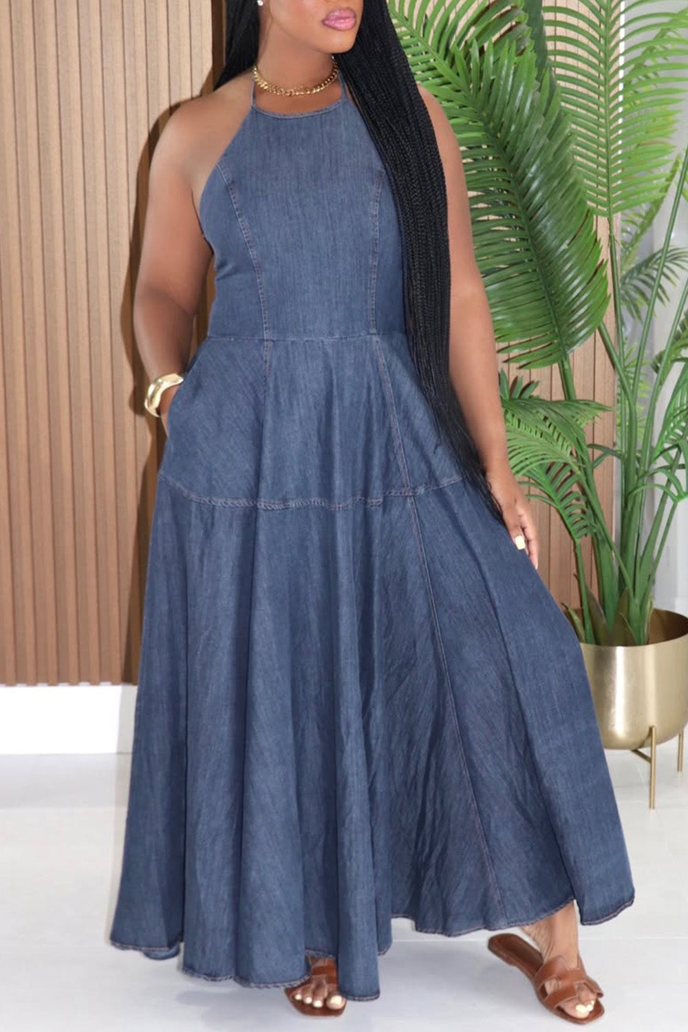 Plus Size Vacation Blue Halter Collar Pocket Denim Maxi Dresses
