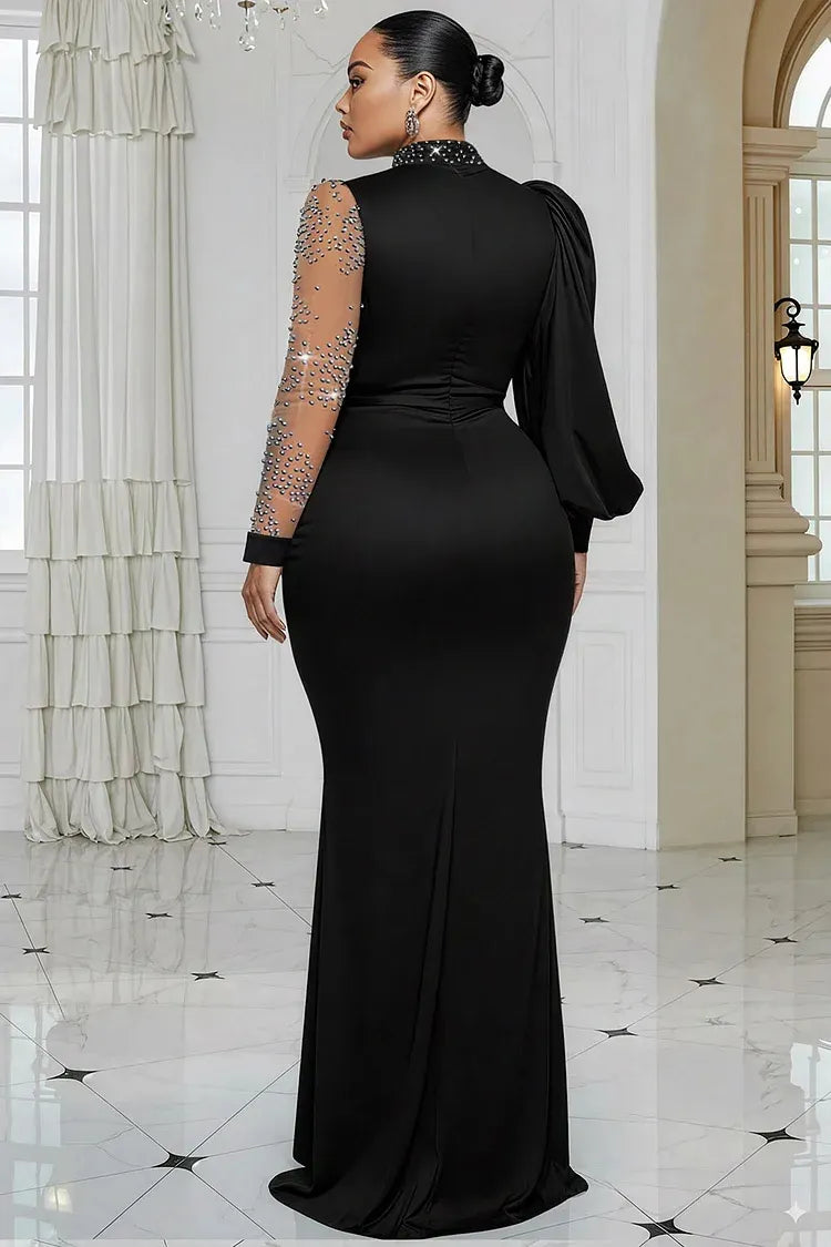 Blue Mock Neck Lantern Sleeve Long Sleeve Drilling Elegant See Through Tulle Satin Maxi Dresses