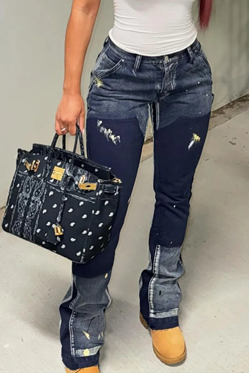Women's Graffiti Pattern Color Block Distressed Wash Jeans