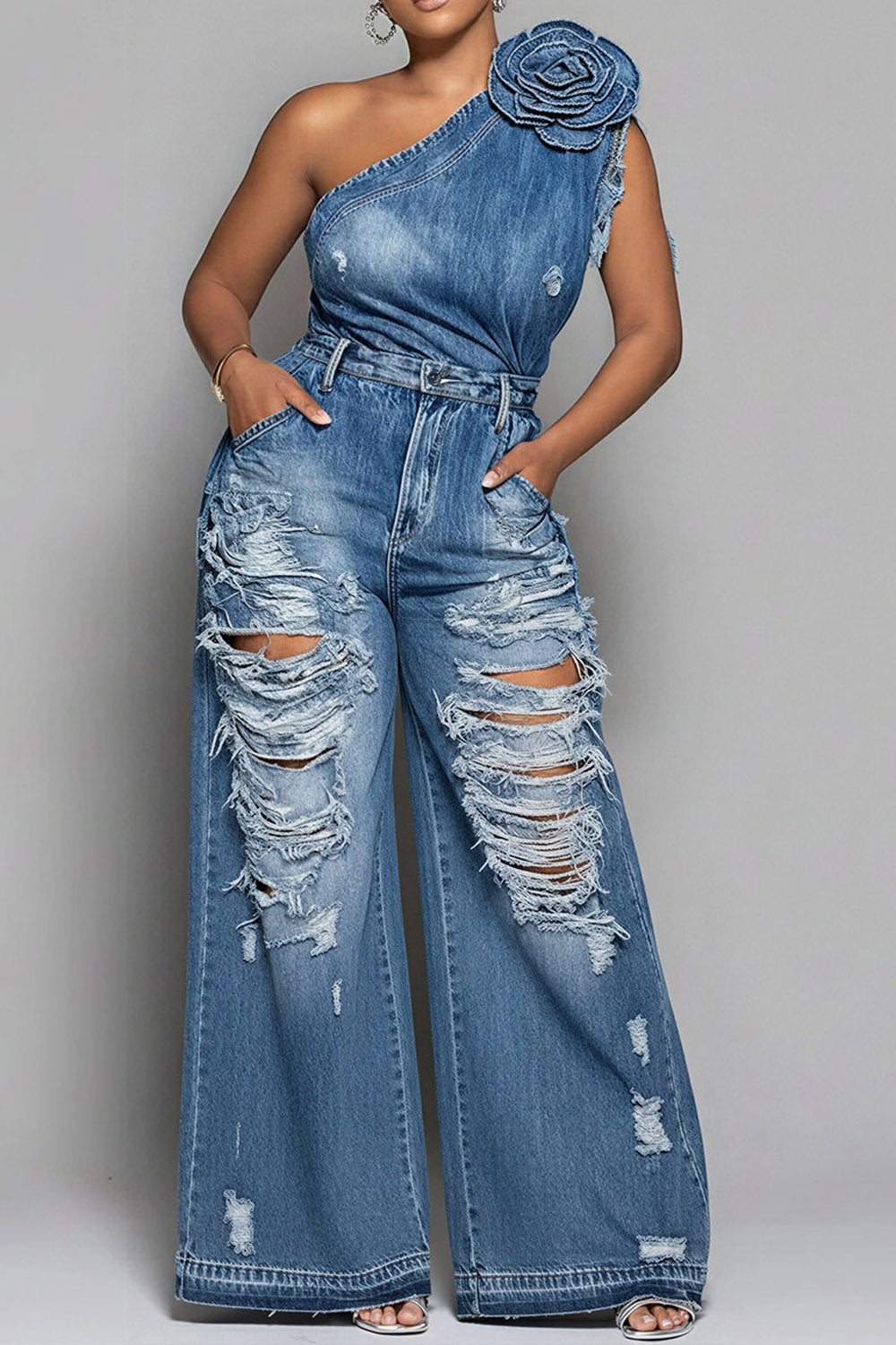 Xpluswear Design Plus Size Vacation Casual Blue One Shoulder 3D Distressed Denim Two Piece Pant Sets