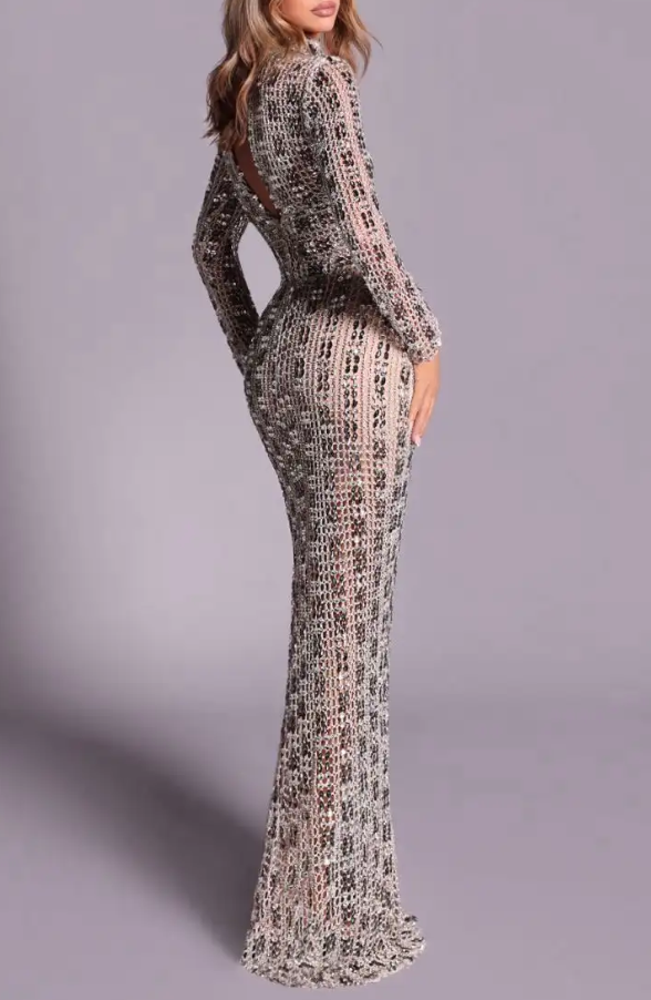 Nude Sheer Mesh Rhinestone Embellished Maxi Dress